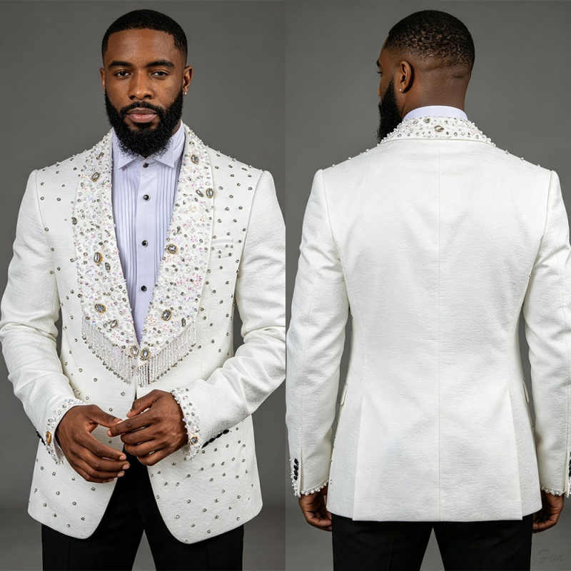 Formal Men Party Wear Jacket - Luxury White Rhinestone Tassel Men Suit