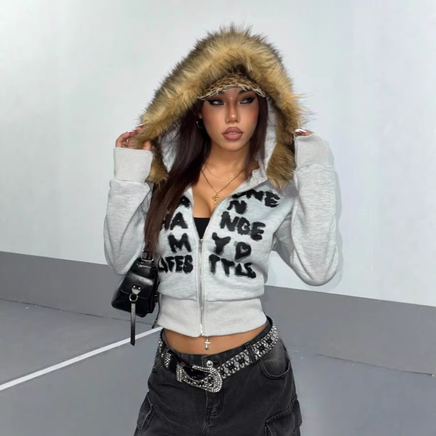Full Zip Hoodie Fur Trim Hood  - Y2K Formal Wear Men review and price